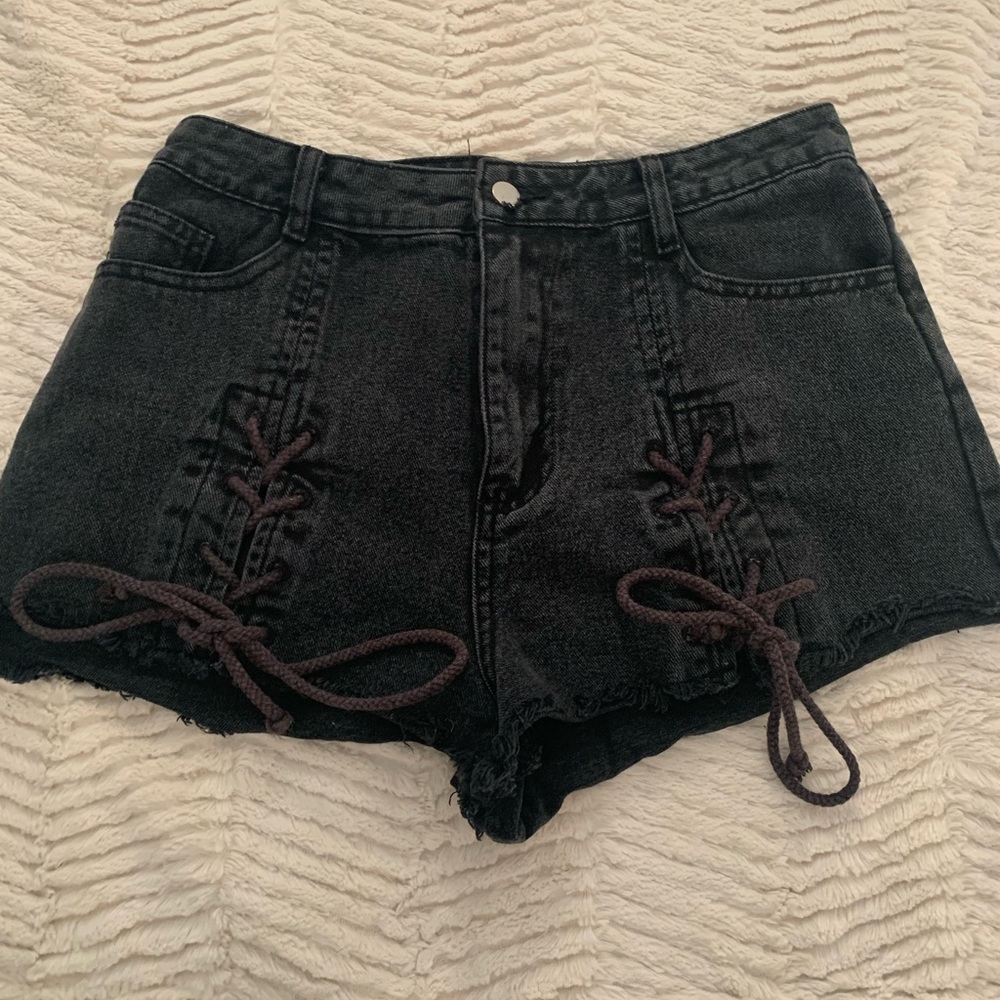 Honey belle black wash denim lace up shorts